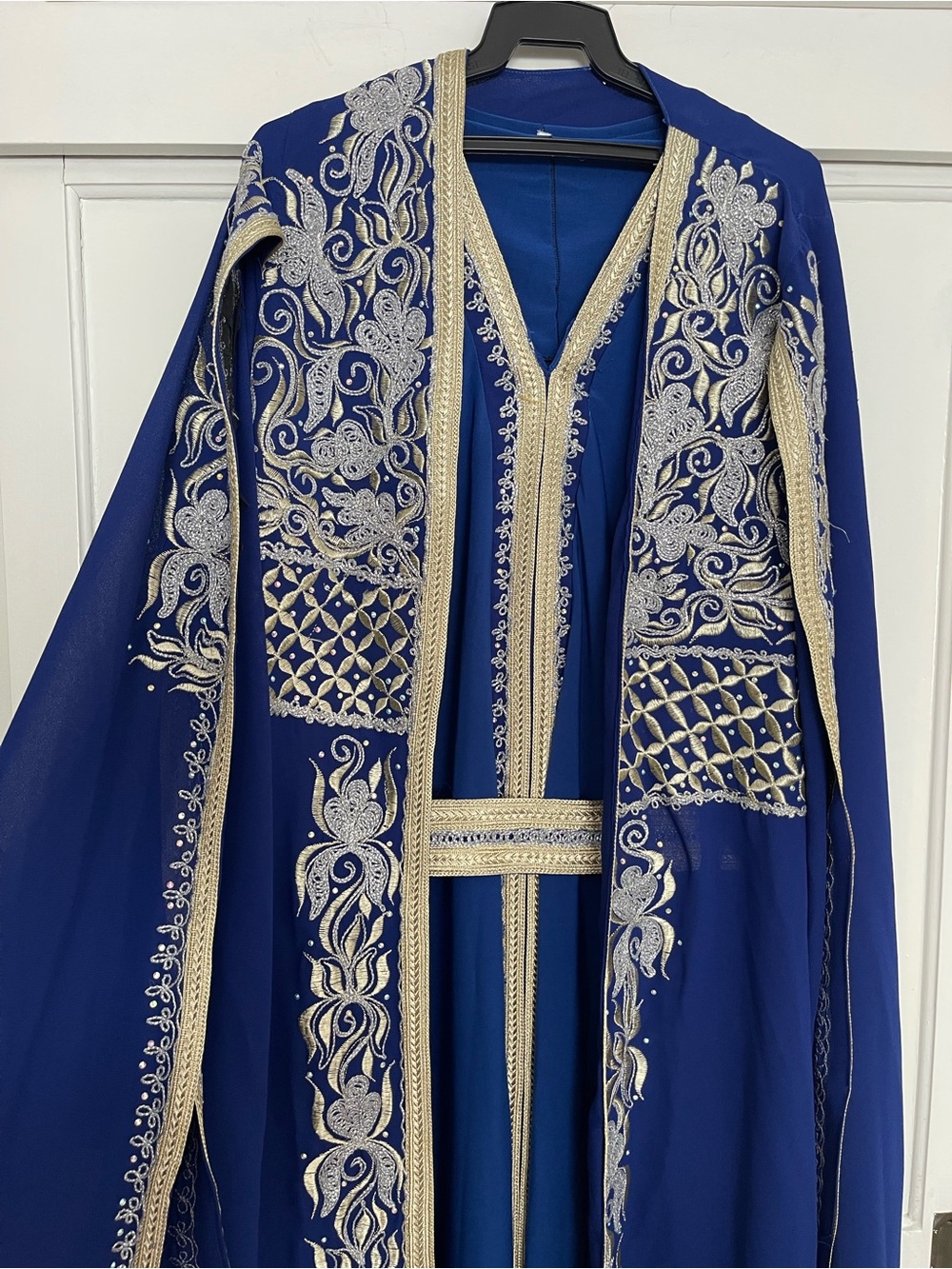 Embroidered Royal Blue Women's cape kaftan with Gold Trim